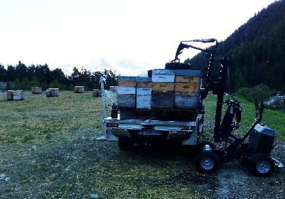 apiculture chargement de ruches en transhumance avec 2 hausses  sur le plateau du 4x4