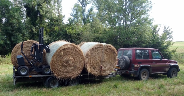 chargement de balles ronde de foin au champ avec chariot lectrique articul Extramate